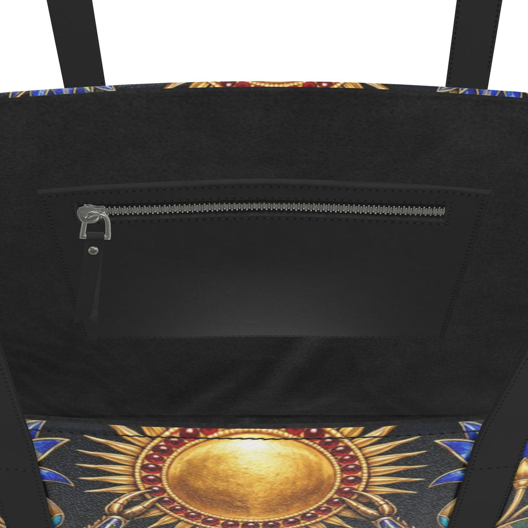 S7 KHEPRI Scarab Royale tote bag with colorful winged scarab artwork, Egyptian-inspired gold detailing, and black handles.
