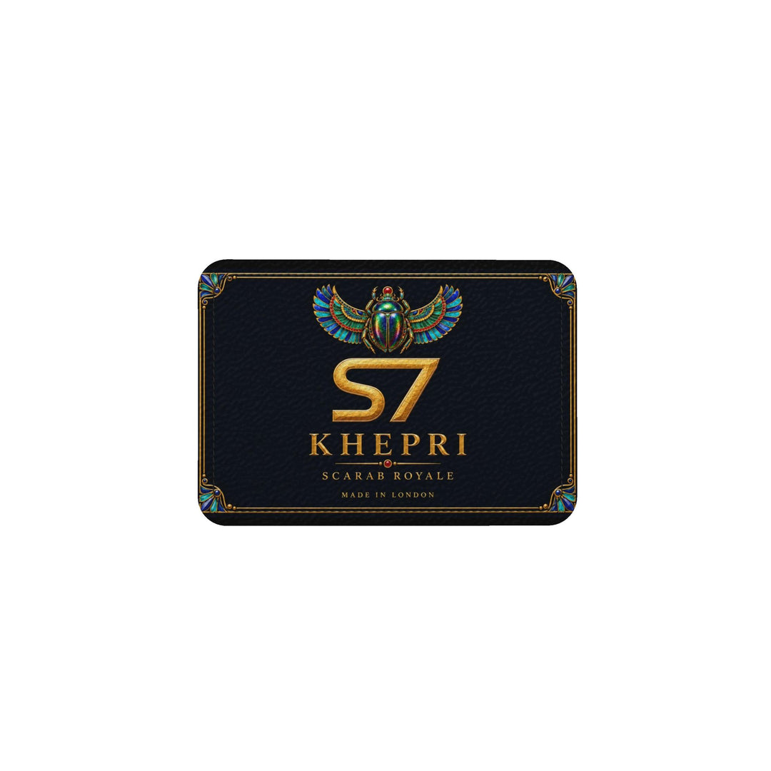 S7 KHEPRI Scarab Royale tote bag with colorful winged scarab artwork, Egyptian-inspired gold detailing, and black handles.