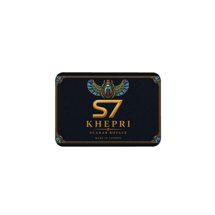 S7 KHEPRI Scarab Royale tote bag with colorful winged scarab artwork, Egyptian-inspired gold detailing, and black handles.