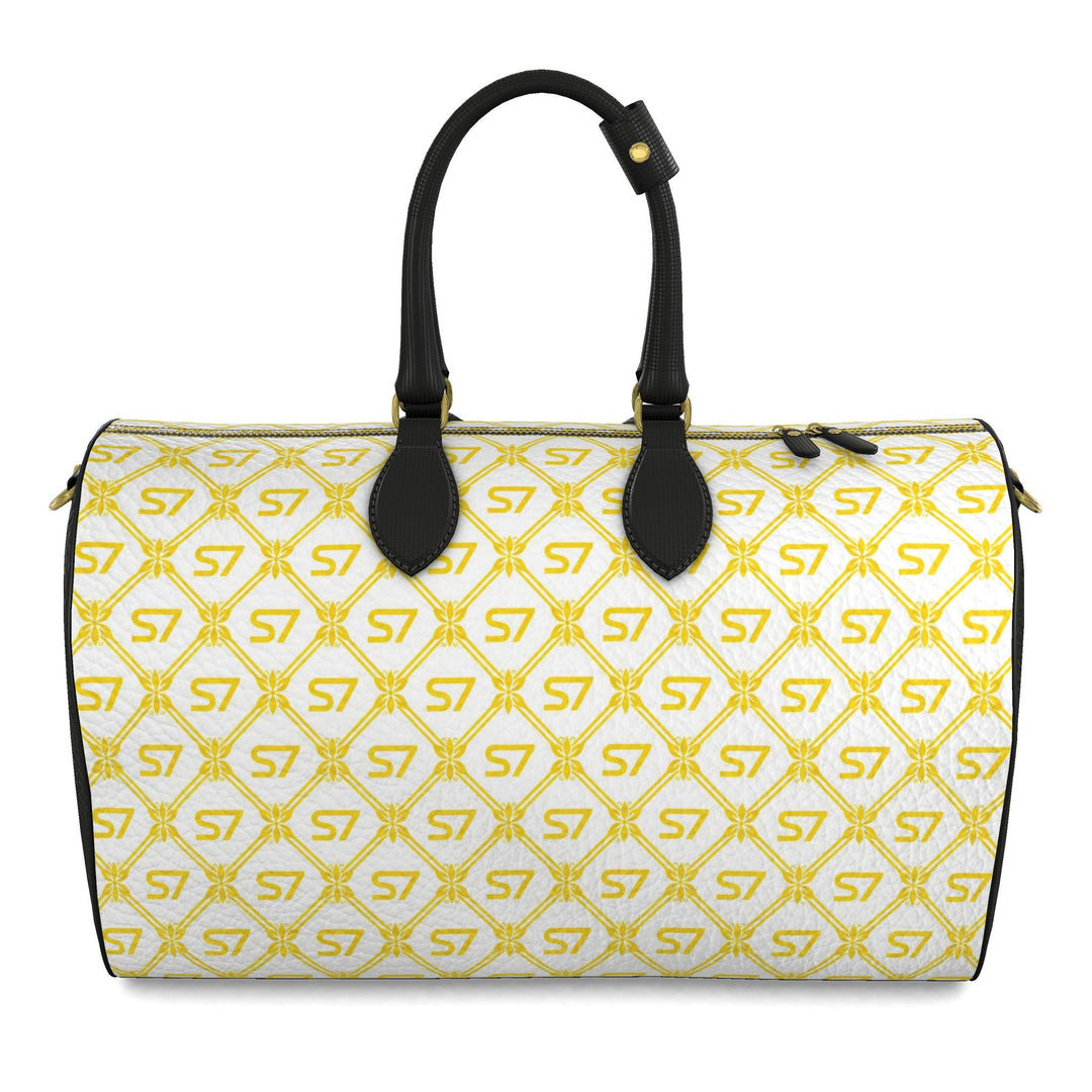 S7 Riviera Soleil duffle bag featuring bright yellow S7 monograms and ornate diamond lattice on a white background.