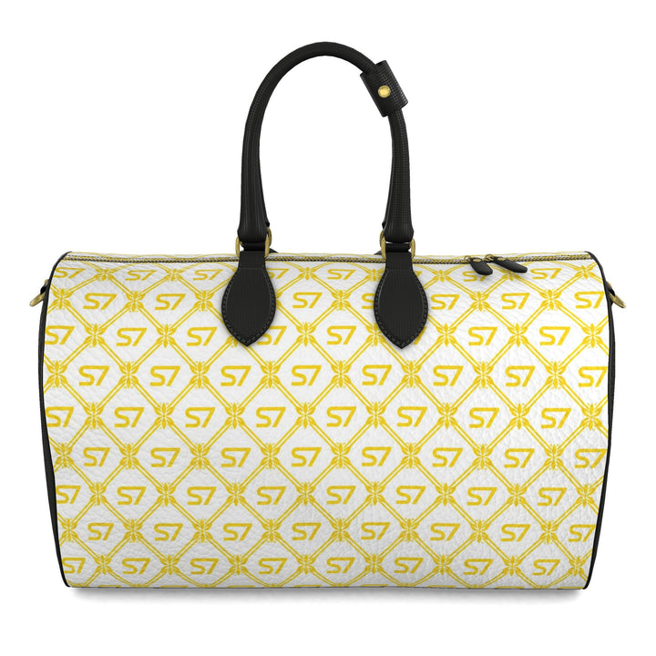 S7 Riviera Soleil duffle bag featuring bright yellow S7 monograms and ornate diamond lattice on a white background.