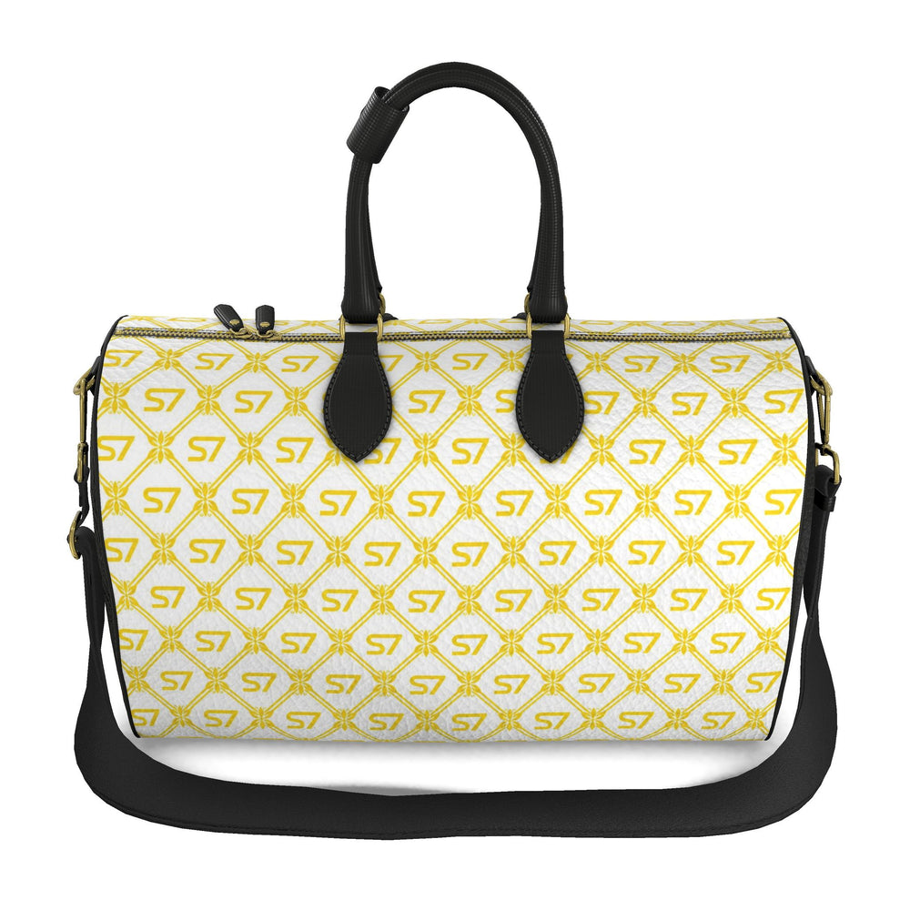 S7 Riviera Soleil duffle bag featuring bright yellow S7 monograms and ornate diamond lattice on a white background.