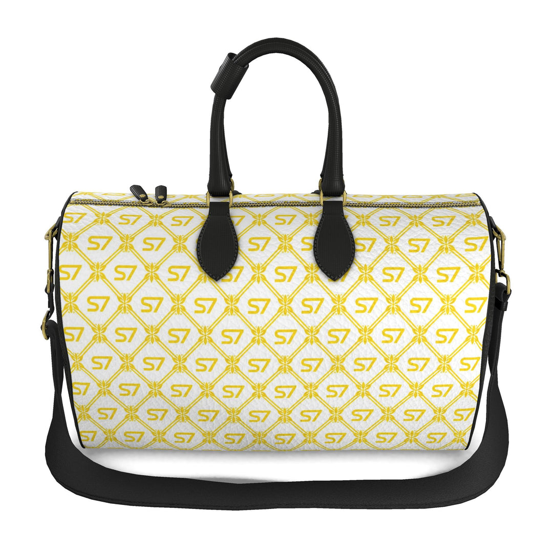 S7 Riviera Soleil duffle bag featuring bright yellow S7 monograms and ornate diamond lattice on a white background.