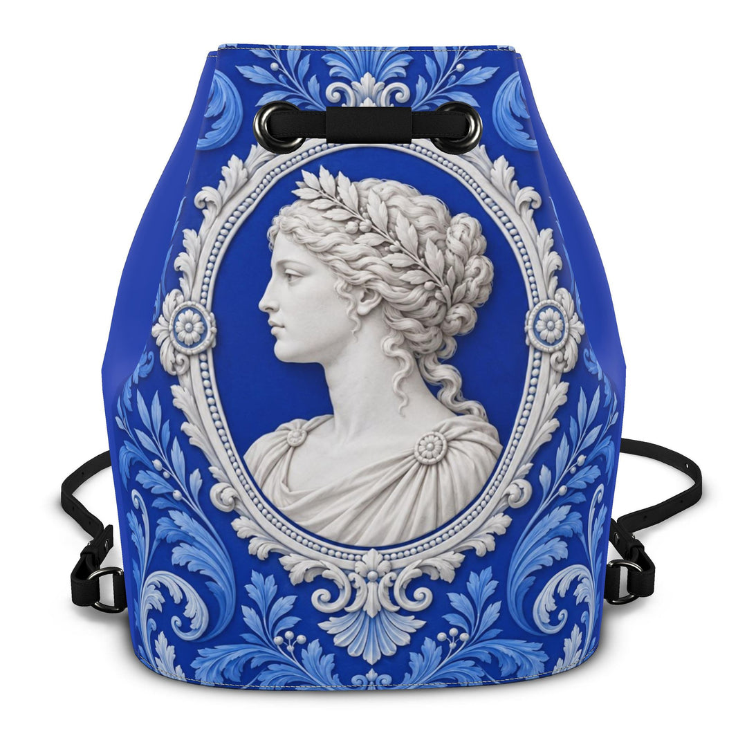 S7 CLASSICA royal-blue drawstring backpack with a white classical cameo portrait, ornate botanical frame, and black cords.