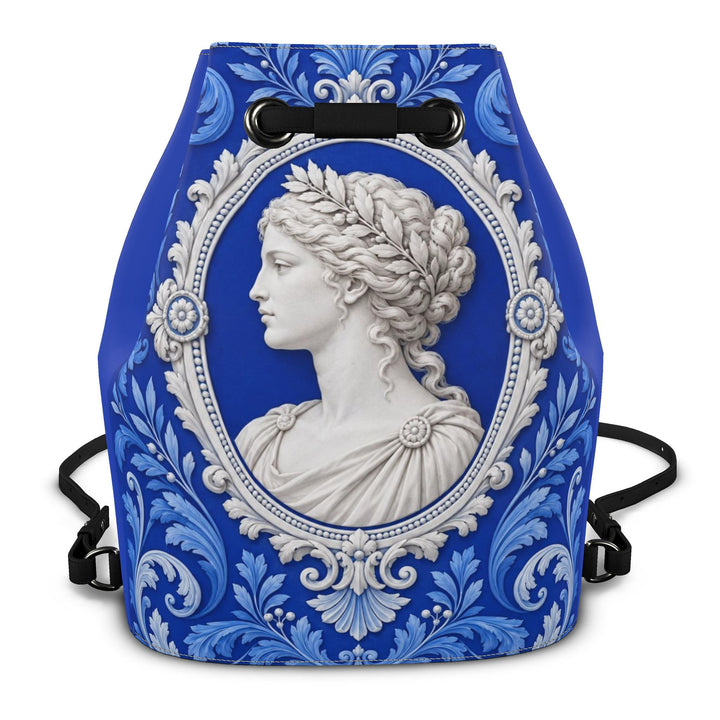 S7 CLASSICA royal-blue drawstring backpack with a white classical cameo portrait, ornate botanical frame, and black cords.