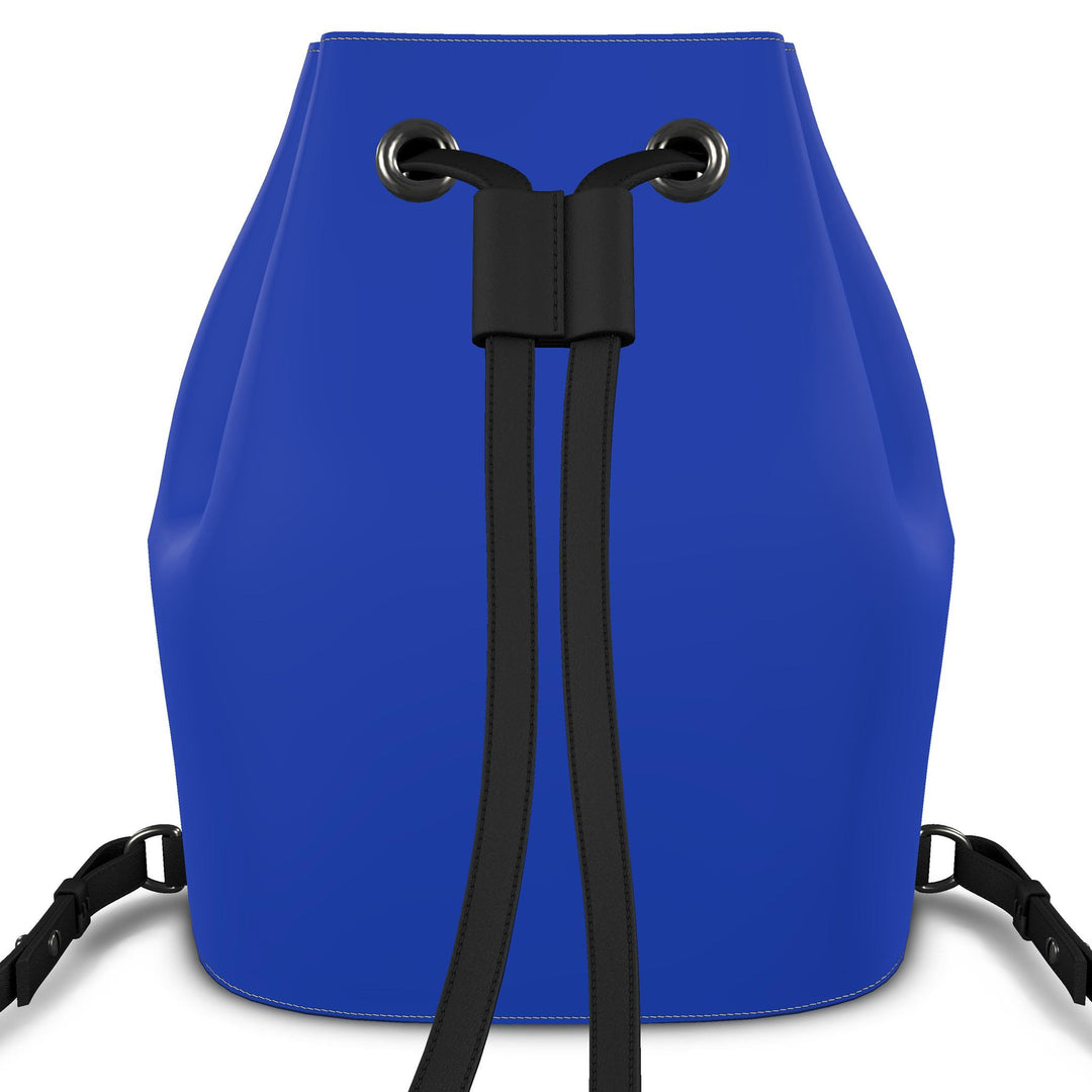 S7 CLASSICA royal-blue drawstring backpack with a white classical cameo portrait, ornate botanical frame, and black cords.