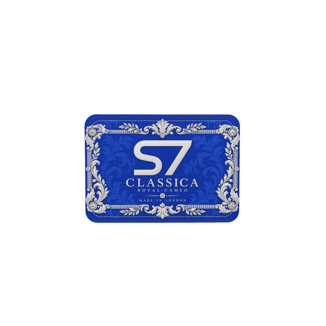 S7 CLASSICA royal-blue drawstring backpack with a white classical cameo portrait, ornate botanical frame, and black cords.
