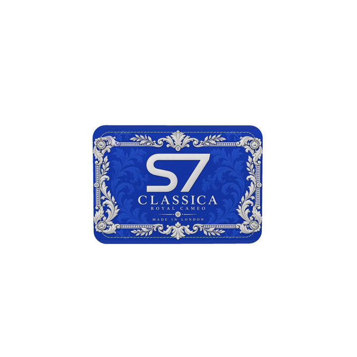 S7 CLASSICA royal-blue drawstring backpack with a white classical cameo portrait, ornate botanical frame, and black cords.
