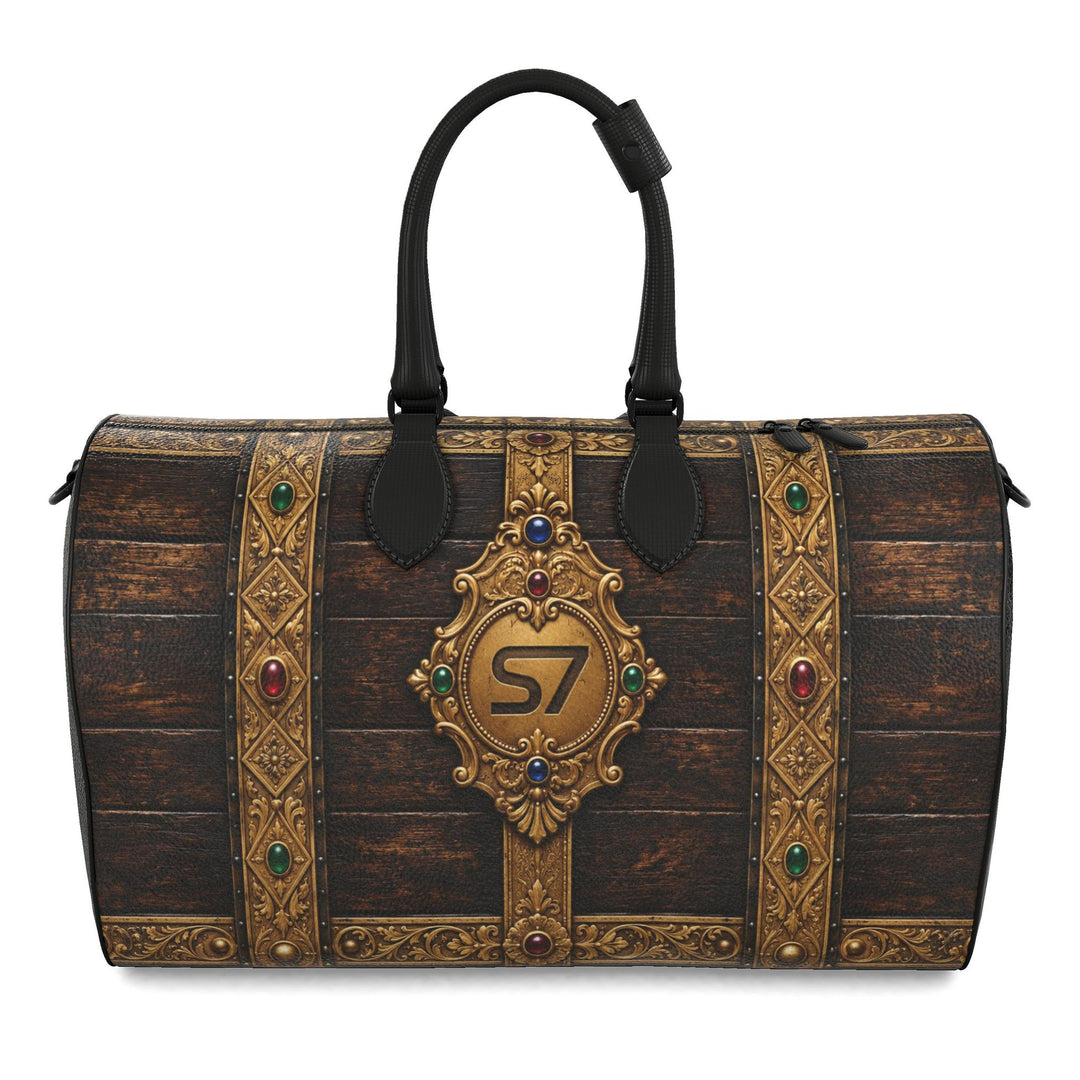 S7 BILLION Treasury duffle with dark wood-grain artwork, ornate gold-tone bands, colorful jewel motifs, a central S7 crest, and black handles.