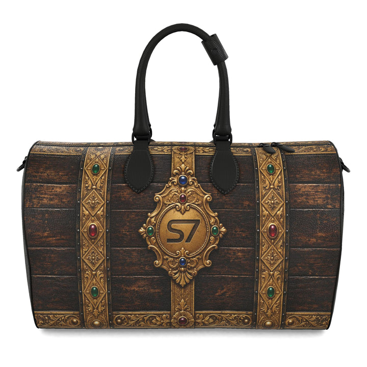 S7 BILLION Treasury duffle with dark wood-grain artwork, ornate gold-tone bands, colorful jewel motifs, a central S7 crest, and black handles.