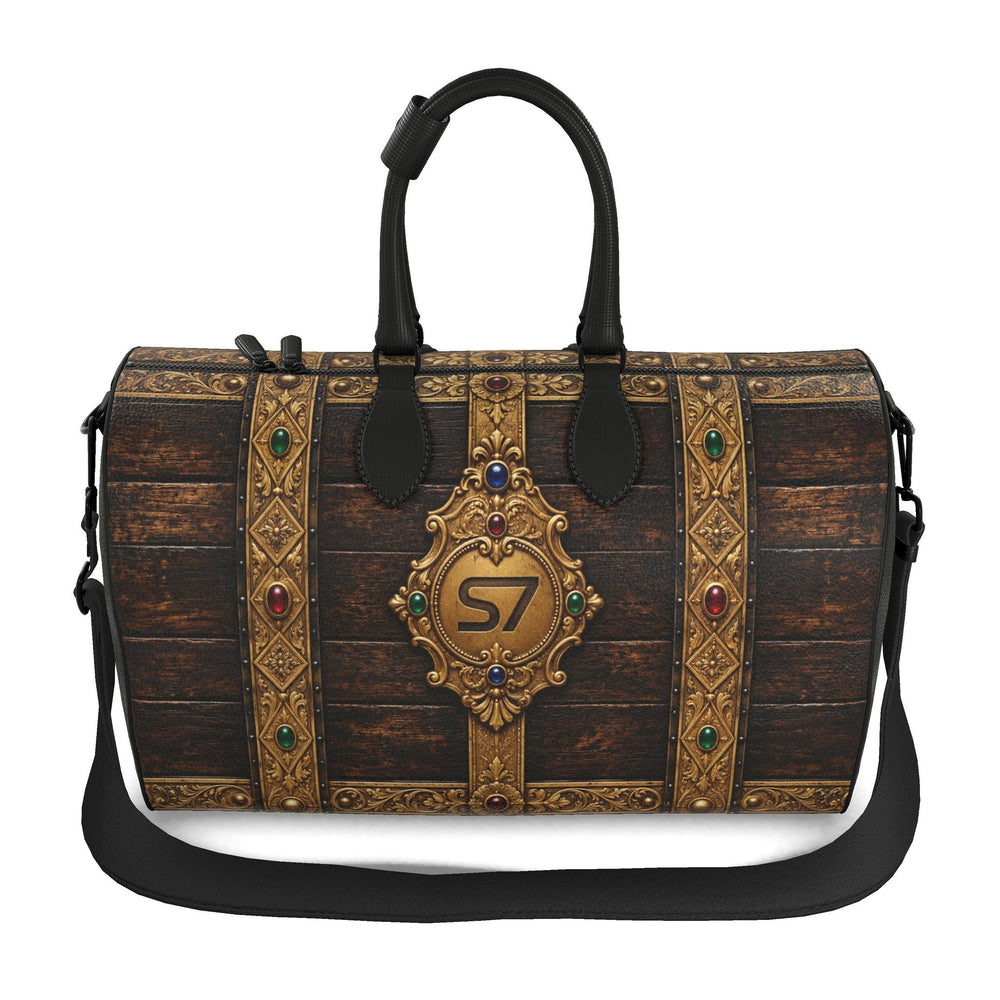 S7 BILLION Treasury duffle with dark wood-grain artwork, ornate gold-tone bands, colorful jewel motifs, a central S7 crest, and black handles.