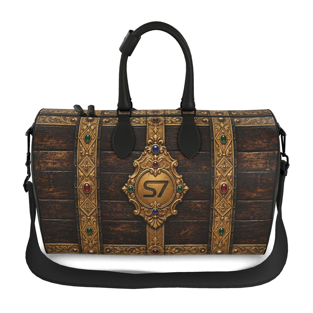 S7 BILLION Treasury duffle with dark wood-grain artwork, ornate gold-tone bands, colorful jewel motifs, a central S7 crest, and black handles.