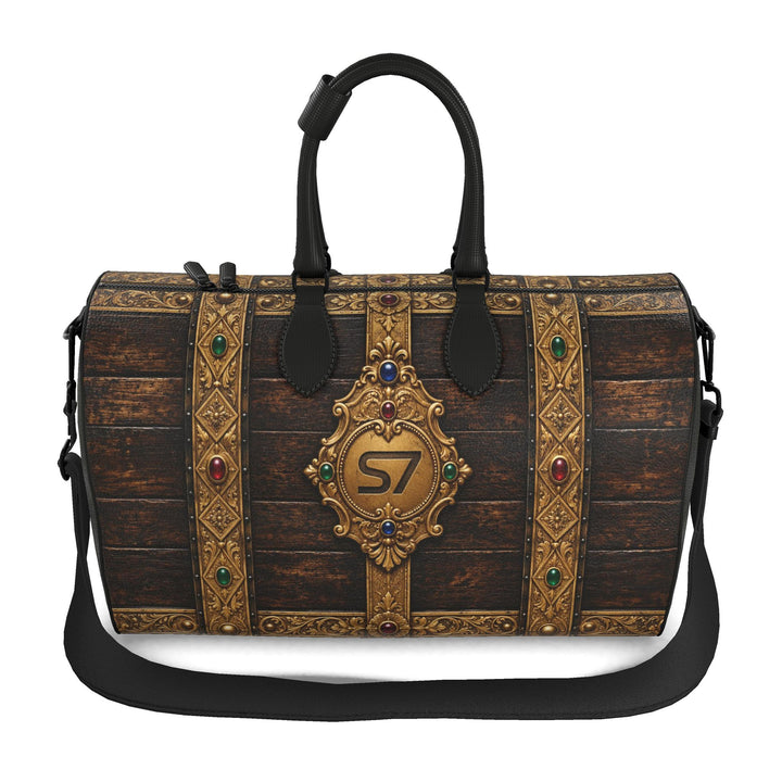S7 BILLION Treasury duffle with dark wood-grain artwork, ornate gold-tone bands, colorful jewel motifs, a central S7 crest, and black handles.