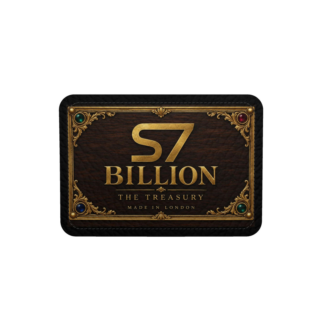 S7 BILLION Treasury duffle with dark wood-grain artwork, ornate gold-tone bands, colorful jewel motifs, a central S7 crest, and black handles.