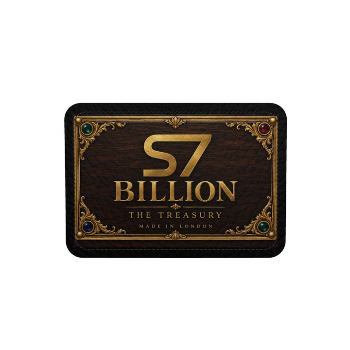 S7 BILLION Treasury duffle with dark wood-grain artwork, ornate gold-tone bands, colorful jewel motifs, a central S7 crest, and black handles.