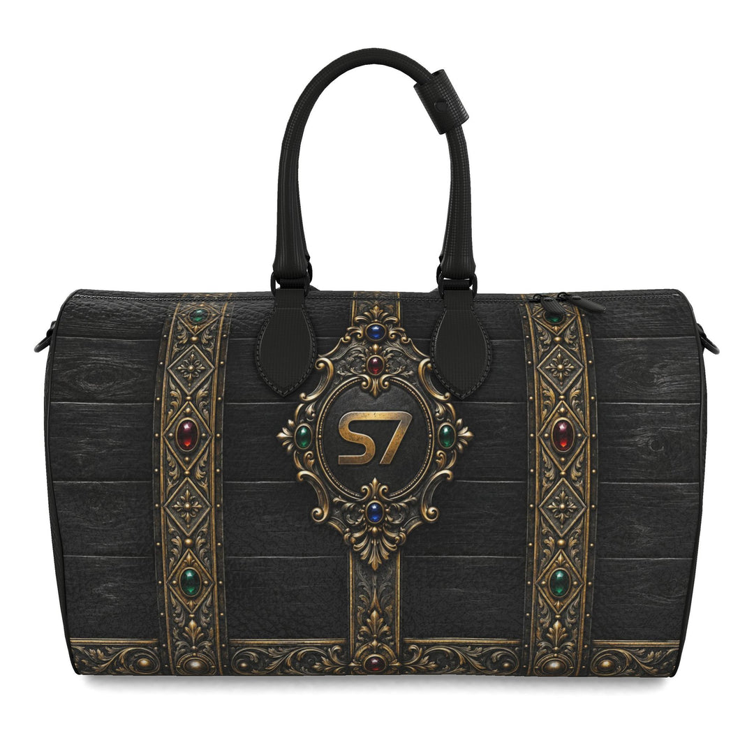 Front view: S7 Billion Noir leather duffle with ebony wood-effect print, ornate gold detailing and a central S7 medallion.