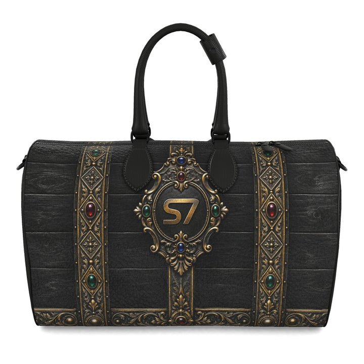 Front view: S7 Billion Noir leather duffle with ebony wood-effect print, ornate gold detailing and a central S7 medallion.