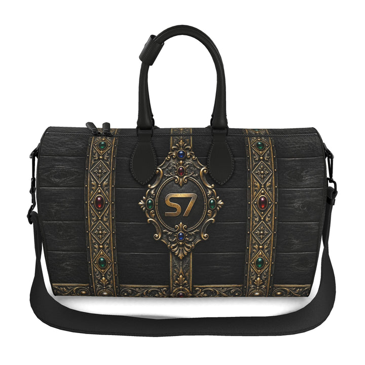 Front view: S7 Billion Noir leather duffle with ebony wood-effect print, ornate gold detailing and a central S7 medallion.