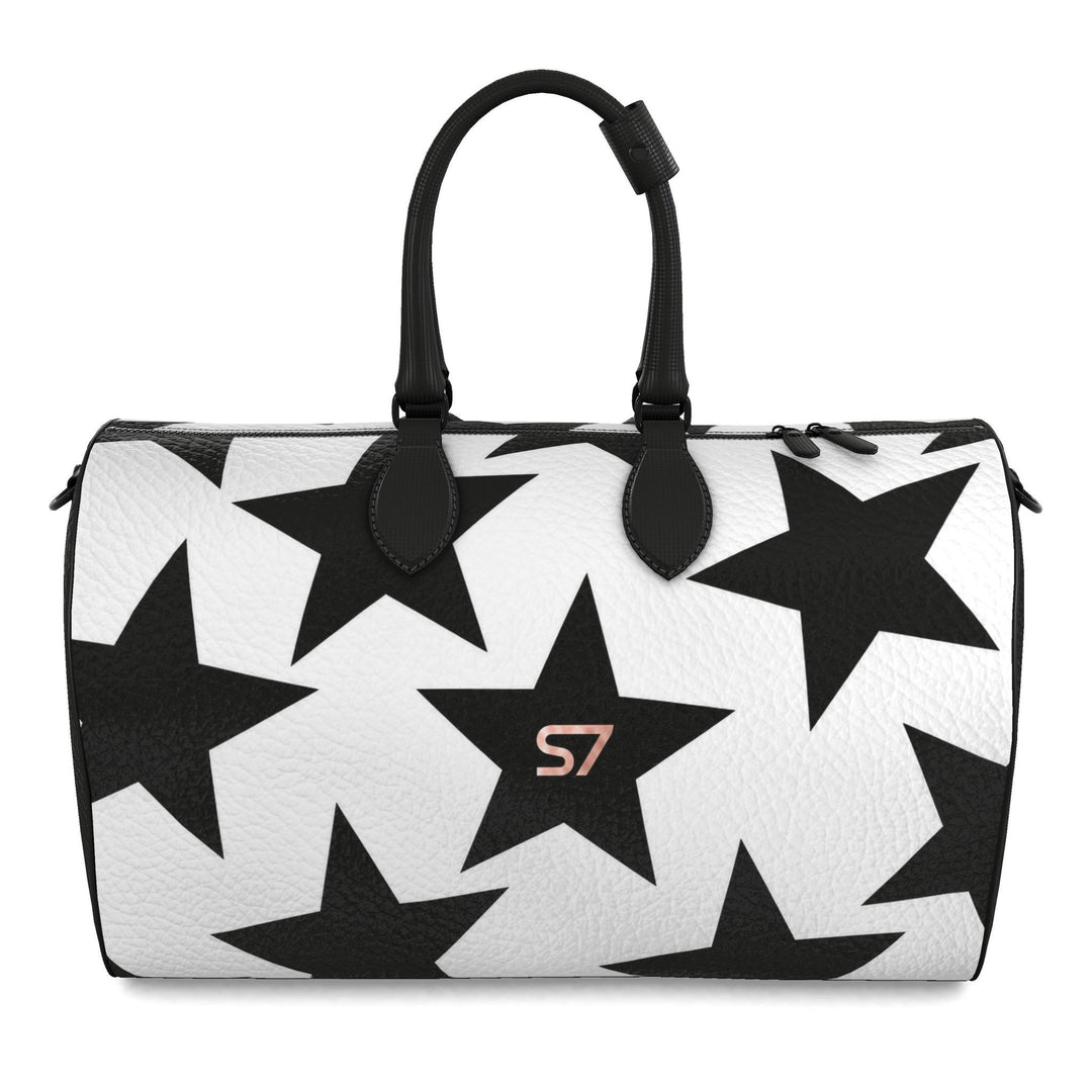 S7 Stella Noir white leather tote featuring oversized black stars and a single rose-gold S7 monogram.