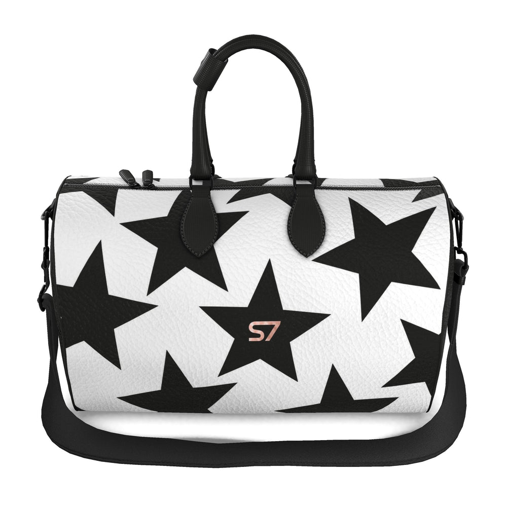 S7 Stella Noir white leather tote featuring oversized black stars and a single rose-gold S7 monogram.