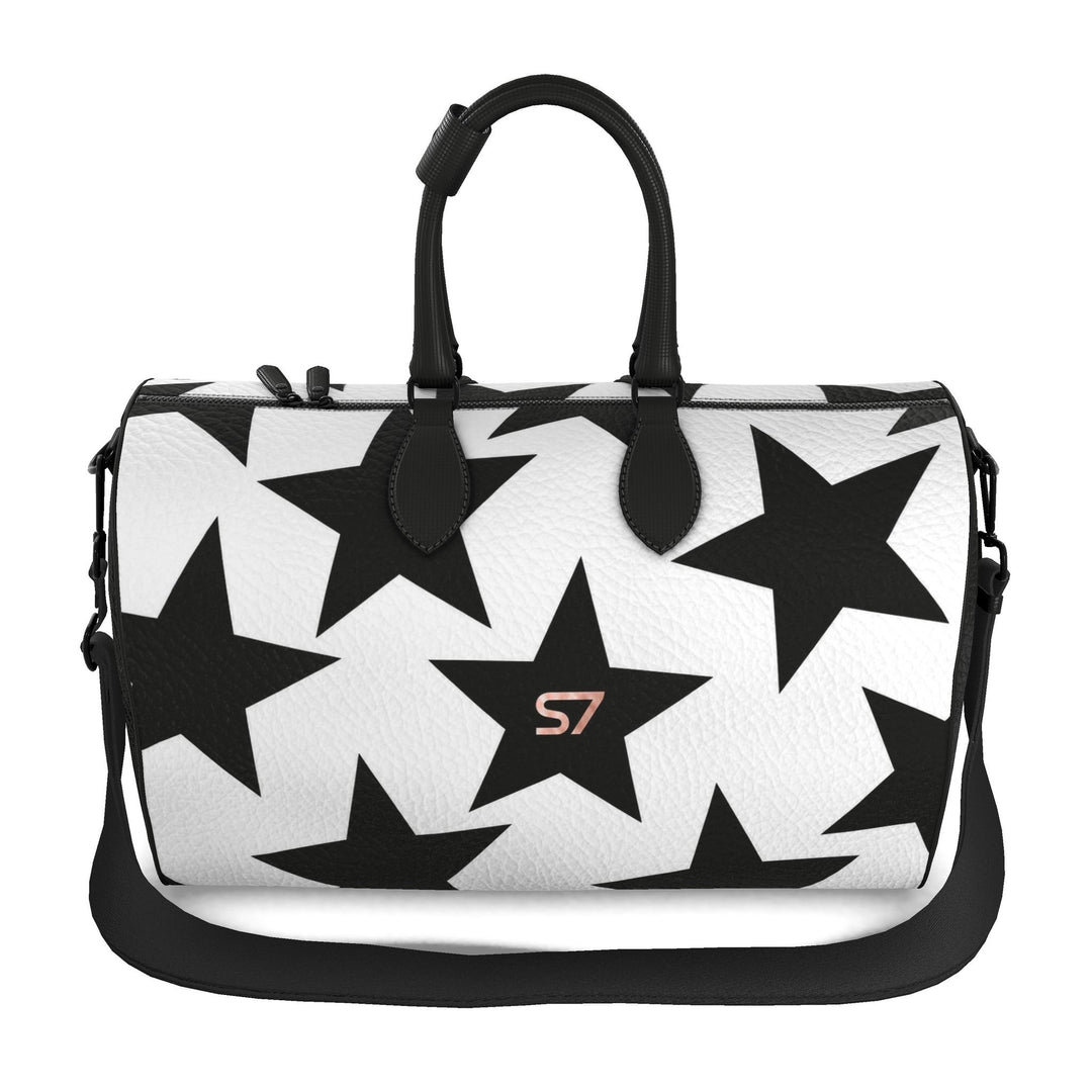 S7 Stella Noir white leather tote featuring oversized black stars and a single rose-gold S7 monogram.