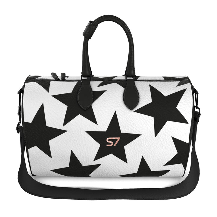 S7 Stella Noir white leather tote featuring oversized black stars and a single rose-gold S7 monogram.