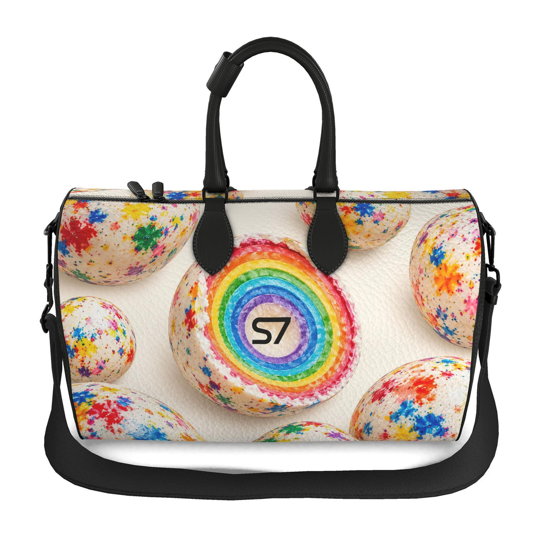 A black handled duffel bag with a colorful printed design featuring paint-splattered eggs and a central rainbow ring with the text &