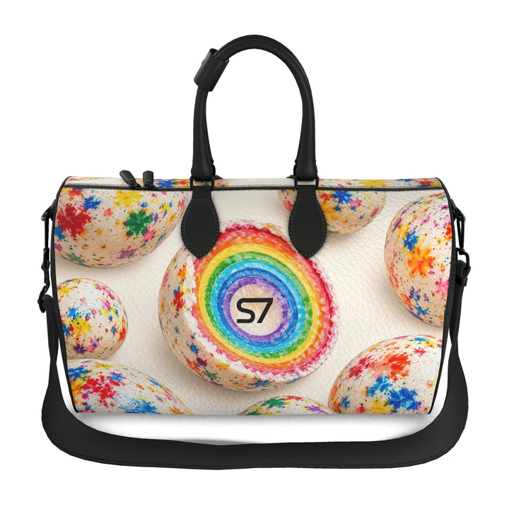 A black handled duffel bag with a colorful printed design featuring paint-splattered eggs and a central rainbow ring with the text &