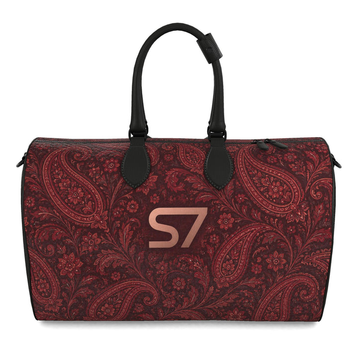 S7 Paisley Rouge burgundy duffle bag with centered rose-gold S7 monogram