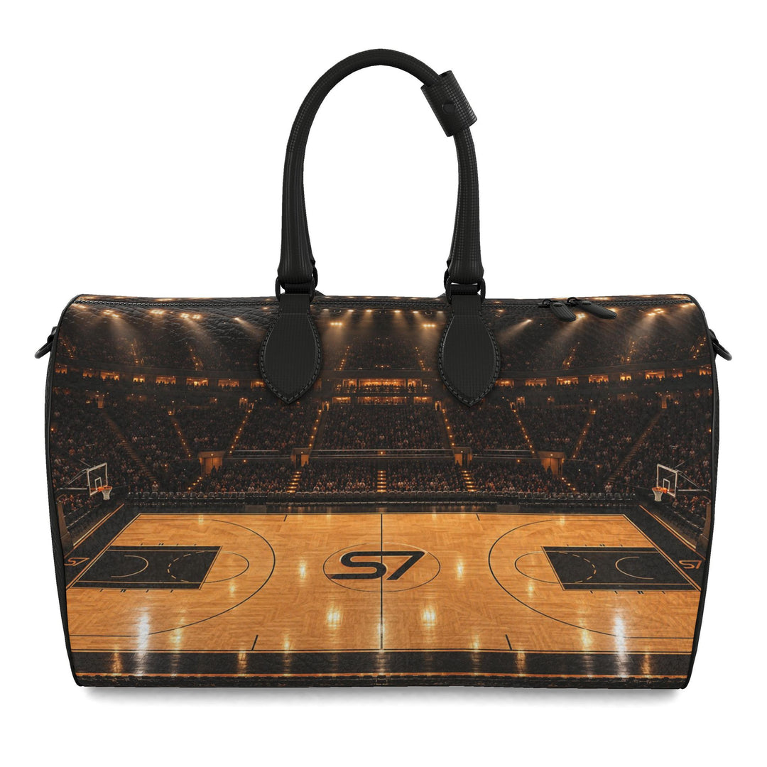 S7 Center Court leather duffle bag featuring a panoramic basketball arena print with golden hardwood flooring and an S7 center-court monogram.