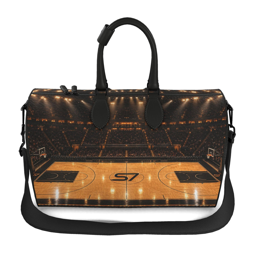 S7 Center Court leather duffle bag featuring a panoramic basketball arena print with golden hardwood flooring and an S7 center-court monogram.
