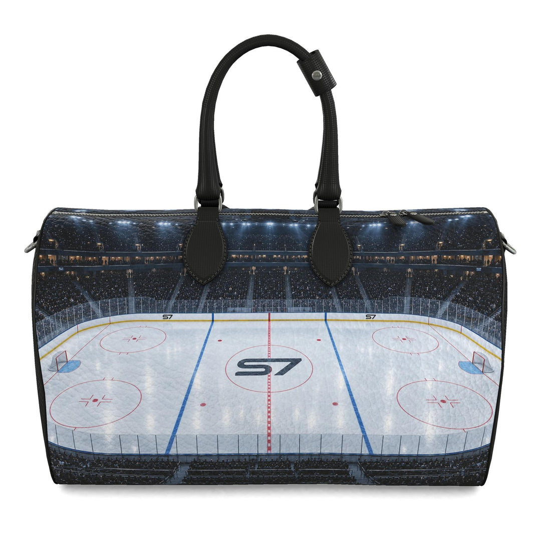 S7 Face Off leather duffle bag featuring illuminated hockey arena artwork with red and blue rink markings and an S7 center-ice monogram.