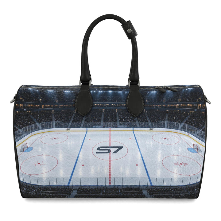 S7 Face Off leather duffle bag featuring illuminated hockey arena artwork with red and blue rink markings and an S7 center-ice monogram.