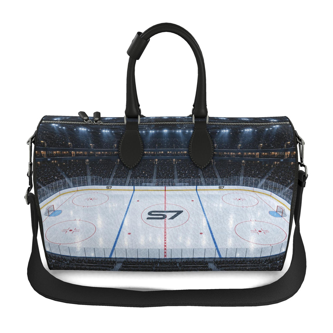S7 Face Off leather duffle bag featuring illuminated hockey arena artwork with red and blue rink markings and an S7 center-ice monogram.