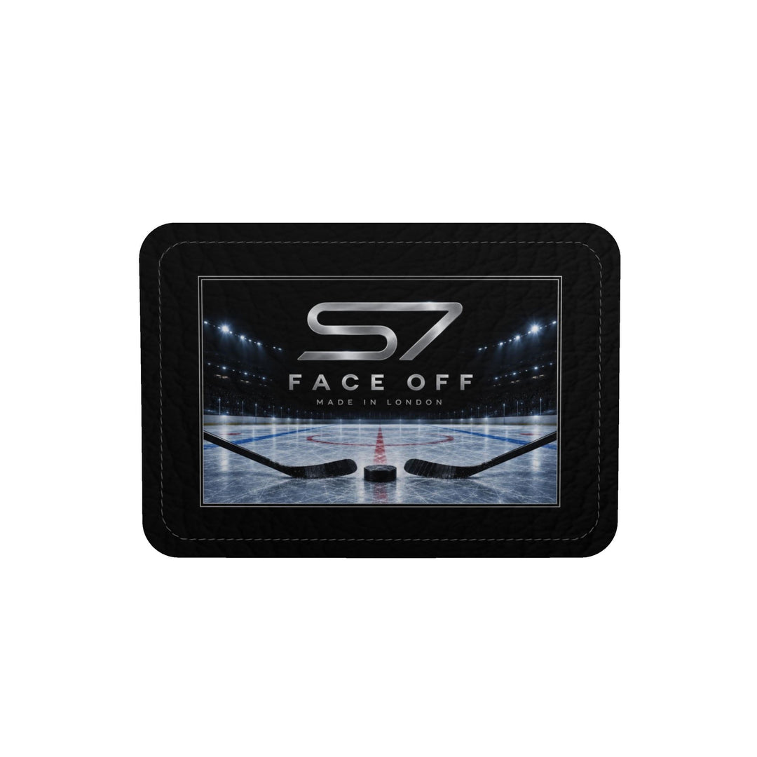 S7 Face Off leather duffle bag featuring illuminated hockey arena artwork with red and blue rink markings and an S7 center-ice monogram.