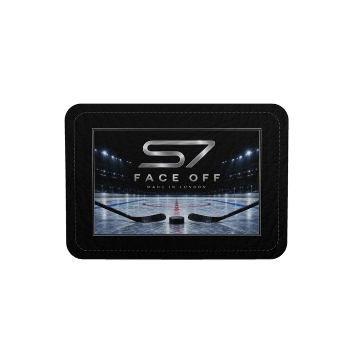 S7 Face Off leather duffle bag featuring illuminated hockey arena artwork with red and blue rink markings and an S7 center-ice monogram.