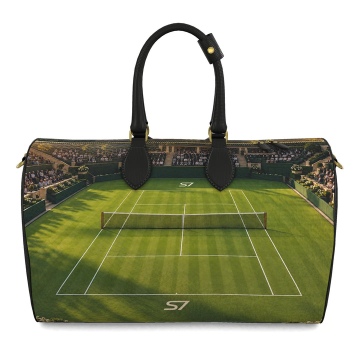 S7 Match Point leather duffle featuring green grass tennis court artwork, original S7 monograms, black handles and gold-tone hardware.
