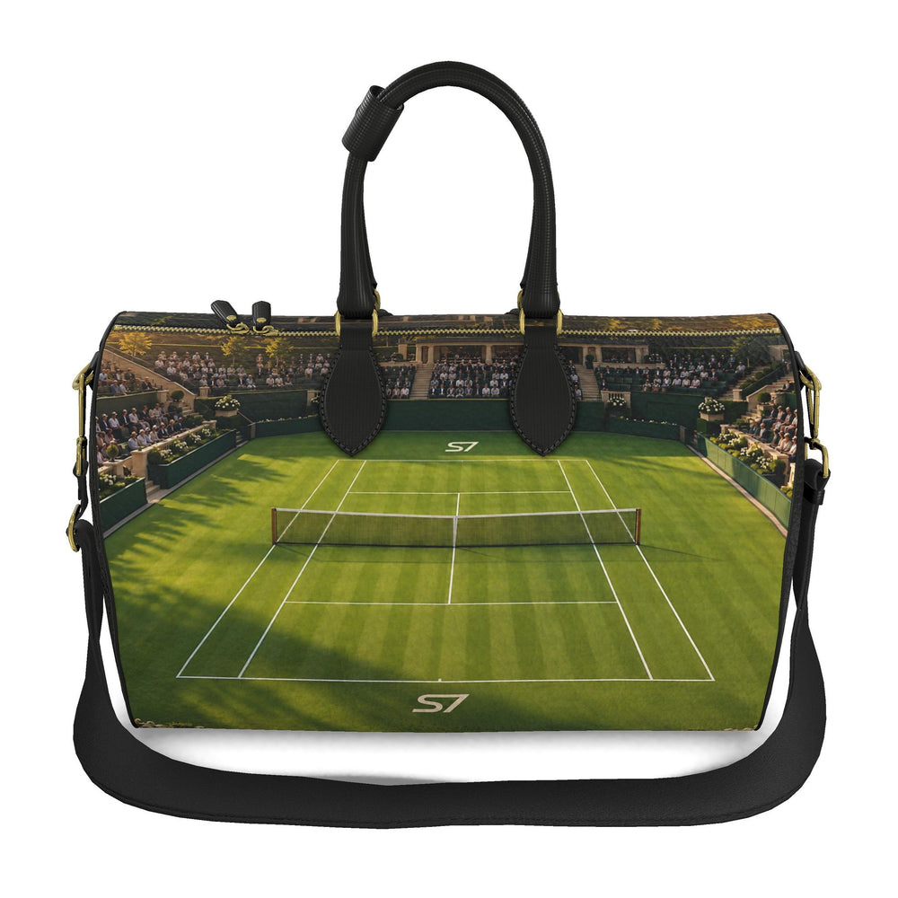 S7 Match Point leather duffle featuring green grass tennis court artwork, original S7 monograms, black handles and gold-tone hardware.