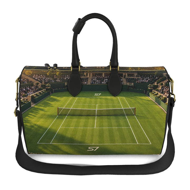 S7 Match Point leather duffle featuring green grass tennis court artwork, original S7 monograms, black handles and gold-tone hardware.