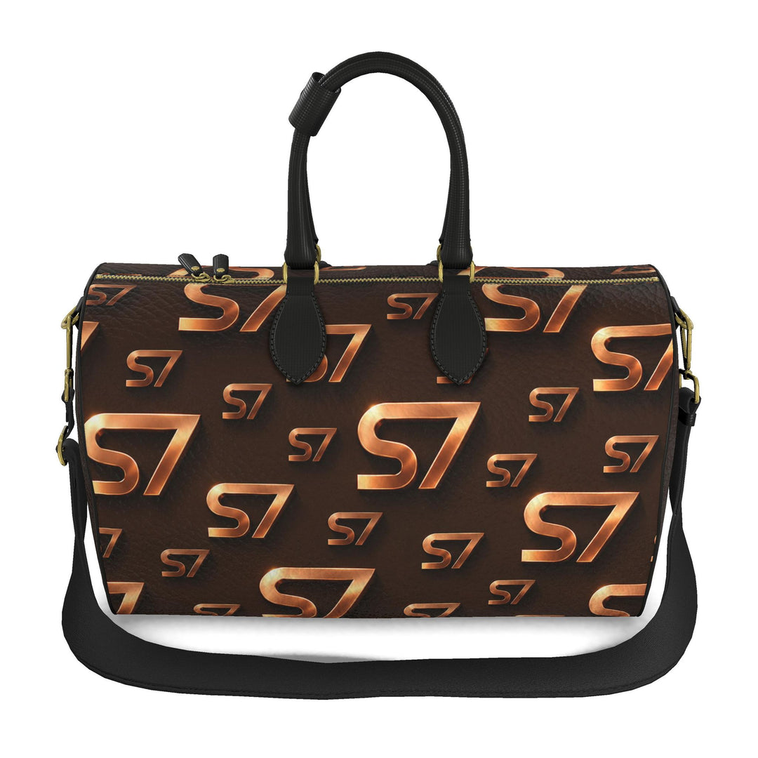 S7 Molten Copper bag with dimensional copper monogram print, espresso brown side panels, and gold-tone hardware.
