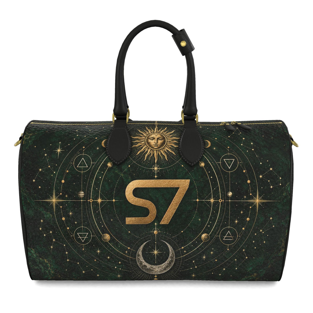 S7 Emerald Tablet bag featuring a gold S7 monogram, celestial sun and crescent moon artwork, and a deep emerald stone-effect background.
