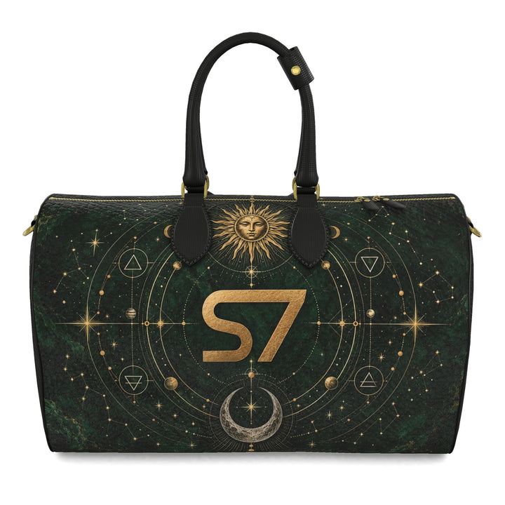 S7 Emerald Tablet bag featuring a gold S7 monogram, celestial sun and crescent moon artwork, and a deep emerald stone-effect background.