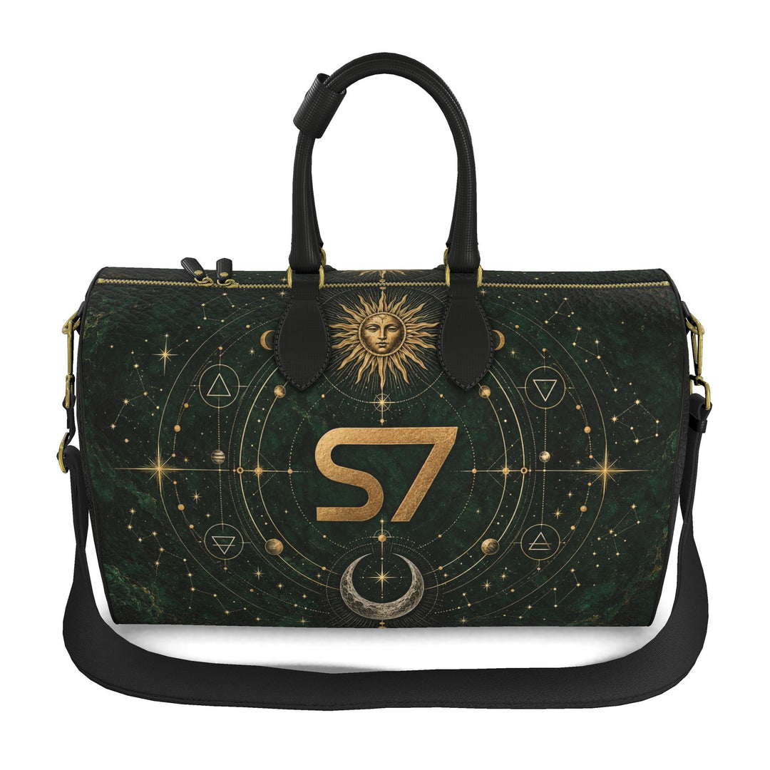 S7 Emerald Tablet bag featuring a gold S7 monogram, celestial sun and crescent moon artwork, and a deep emerald stone-effect background.