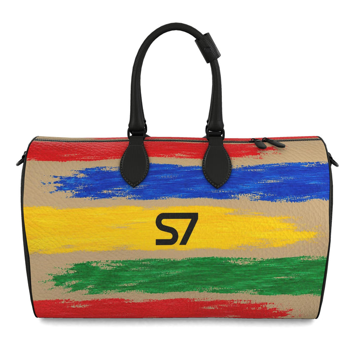 Beige S7 Color Study duffle bag with red, blue, yellow, and green brushstrokes, a centered black S7 monogram, and graphite hardware.
