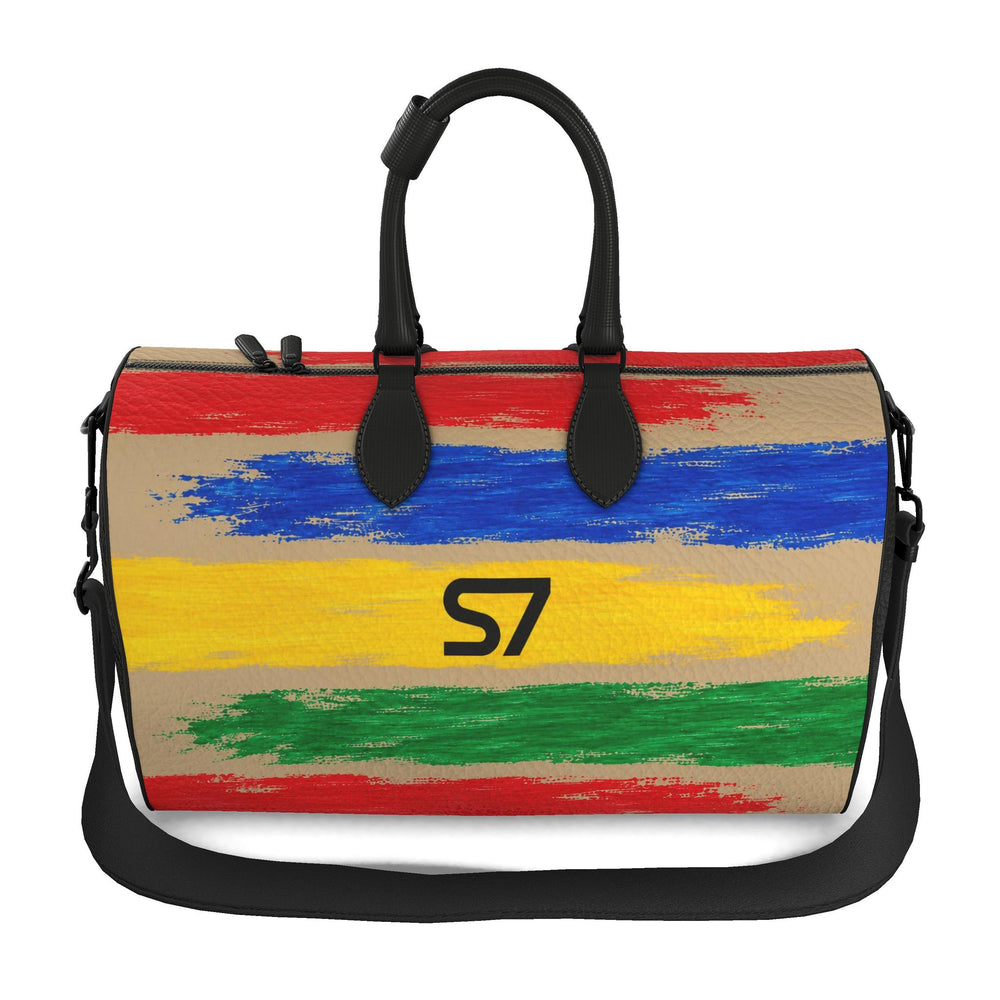 Beige S7 Color Study duffle bag with red, blue, yellow, and green brushstrokes, a centered black S7 monogram, and graphite hardware.