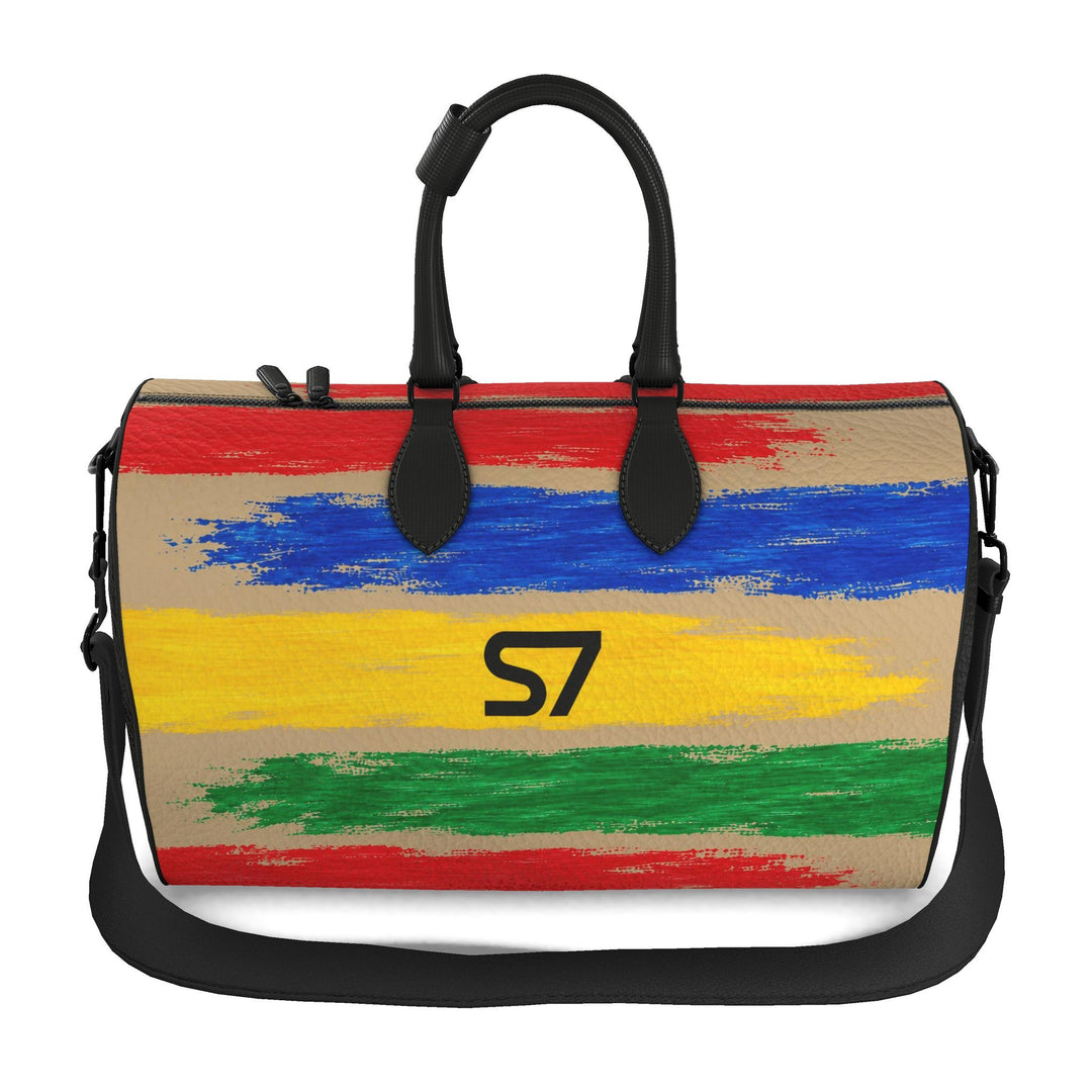 Beige S7 Color Study duffle bag with red, blue, yellow, and green brushstrokes, a centered black S7 monogram, and graphite hardware.