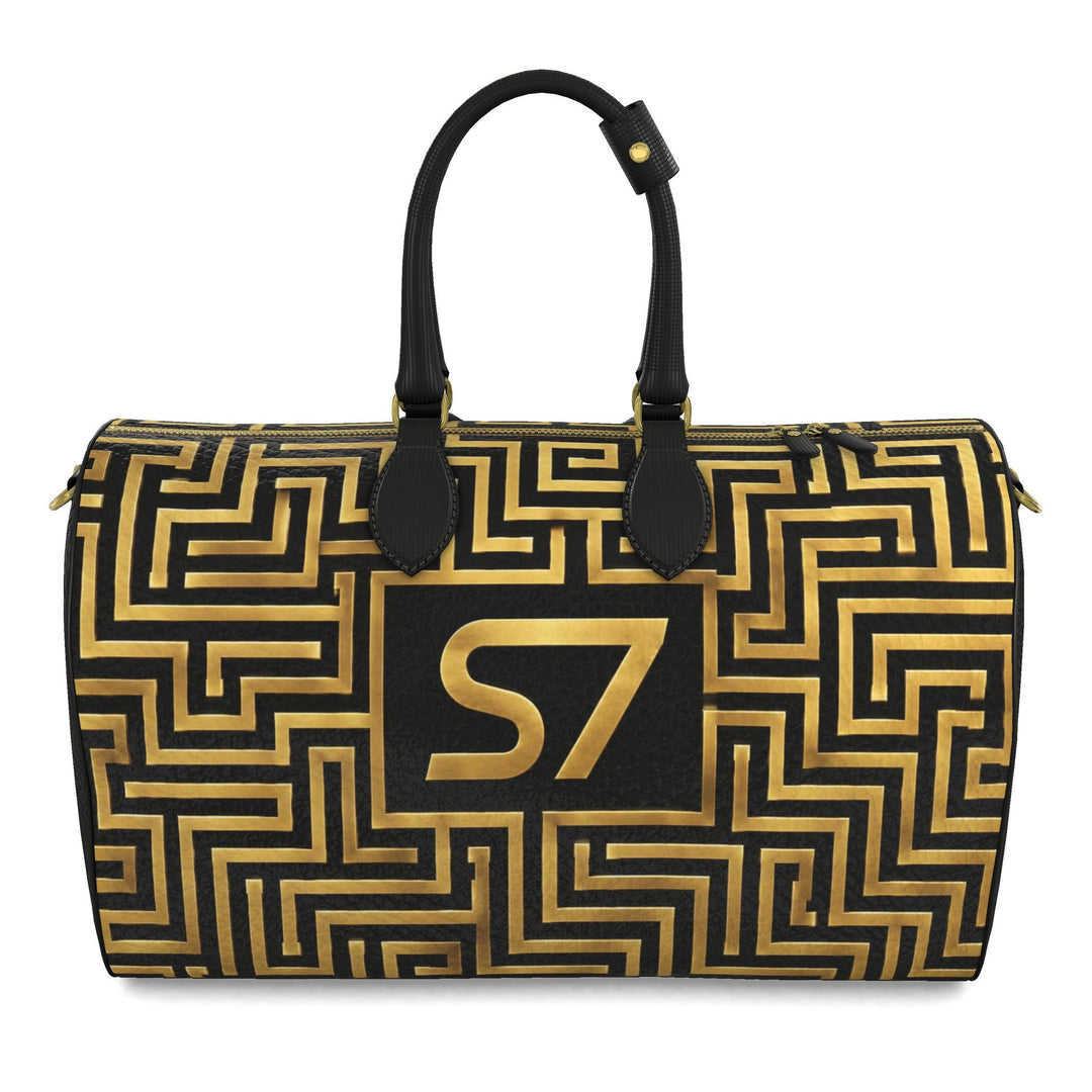 S7 Golden Labyrinth bag featuring antique-gold maze artwork surrounding a centered gold S7 monogram on black.