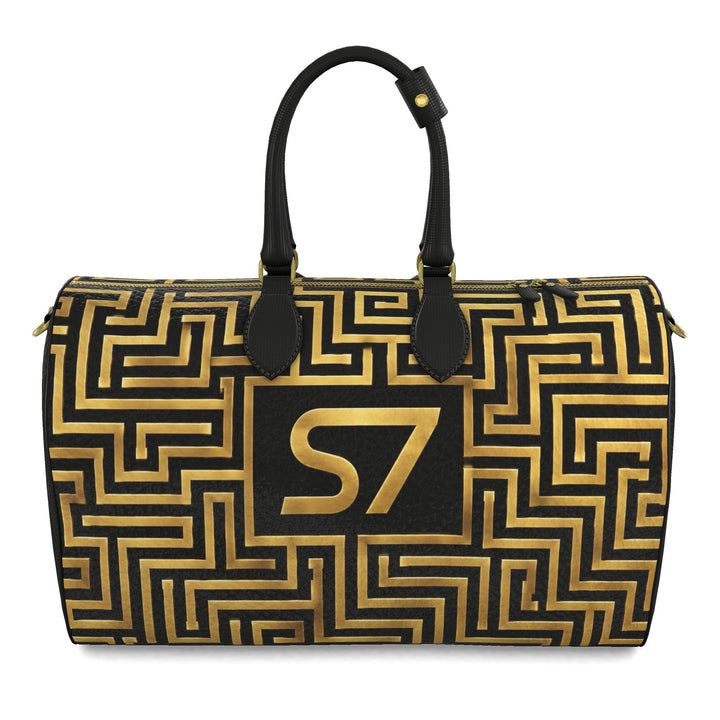 S7 Golden Labyrinth bag featuring antique-gold maze artwork surrounding a centered gold S7 monogram on black.