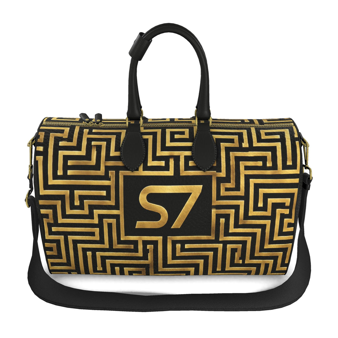 S7 Golden Labyrinth bag featuring antique-gold maze artwork surrounding a centered gold S7 monogram on black.