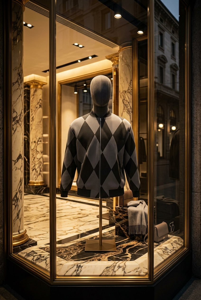Front view of S7 bomber jacket with elongated black and charcoal harlequin diamonds, black ribbed trim, and a zip closure.